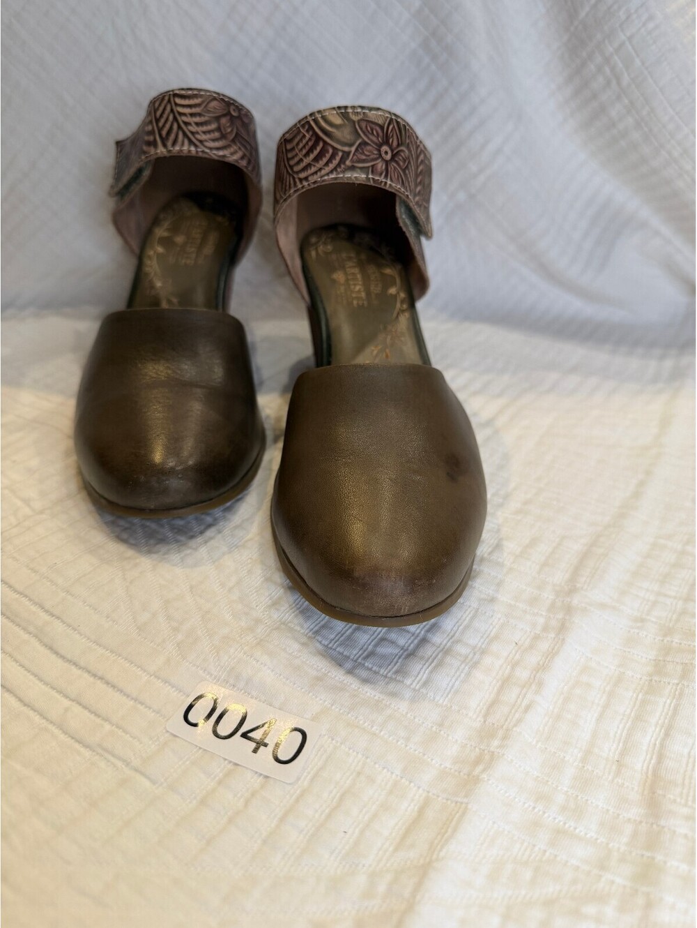 L'Artiste Olive Leather Heeled Mules with Embossed Floral Design